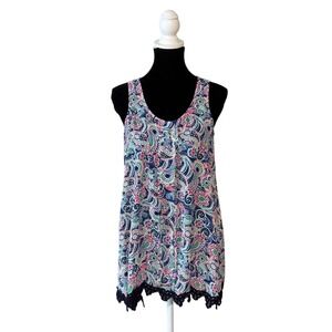 Womens Paisley Sleeveless‎ Tunic Top Crochet Hem Boho Coastal Preppy Size M